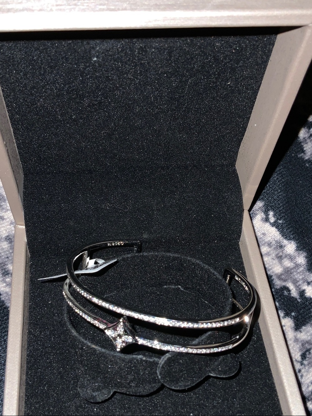 Sterling Silver Double-Band Bracelet with Pave Crystal Accent - Silver